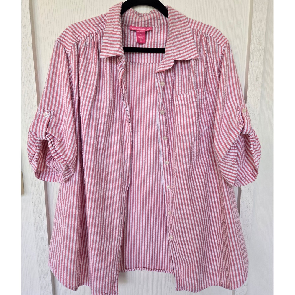 Striped Seersucker Roll Tab Sleeve Shirt 1X Coastal Beach Old‎ Money Nautical